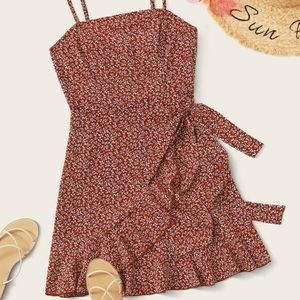 SHEIN Ditsy Floral Print Ruffle Detail Wrap Knot Slip Dress